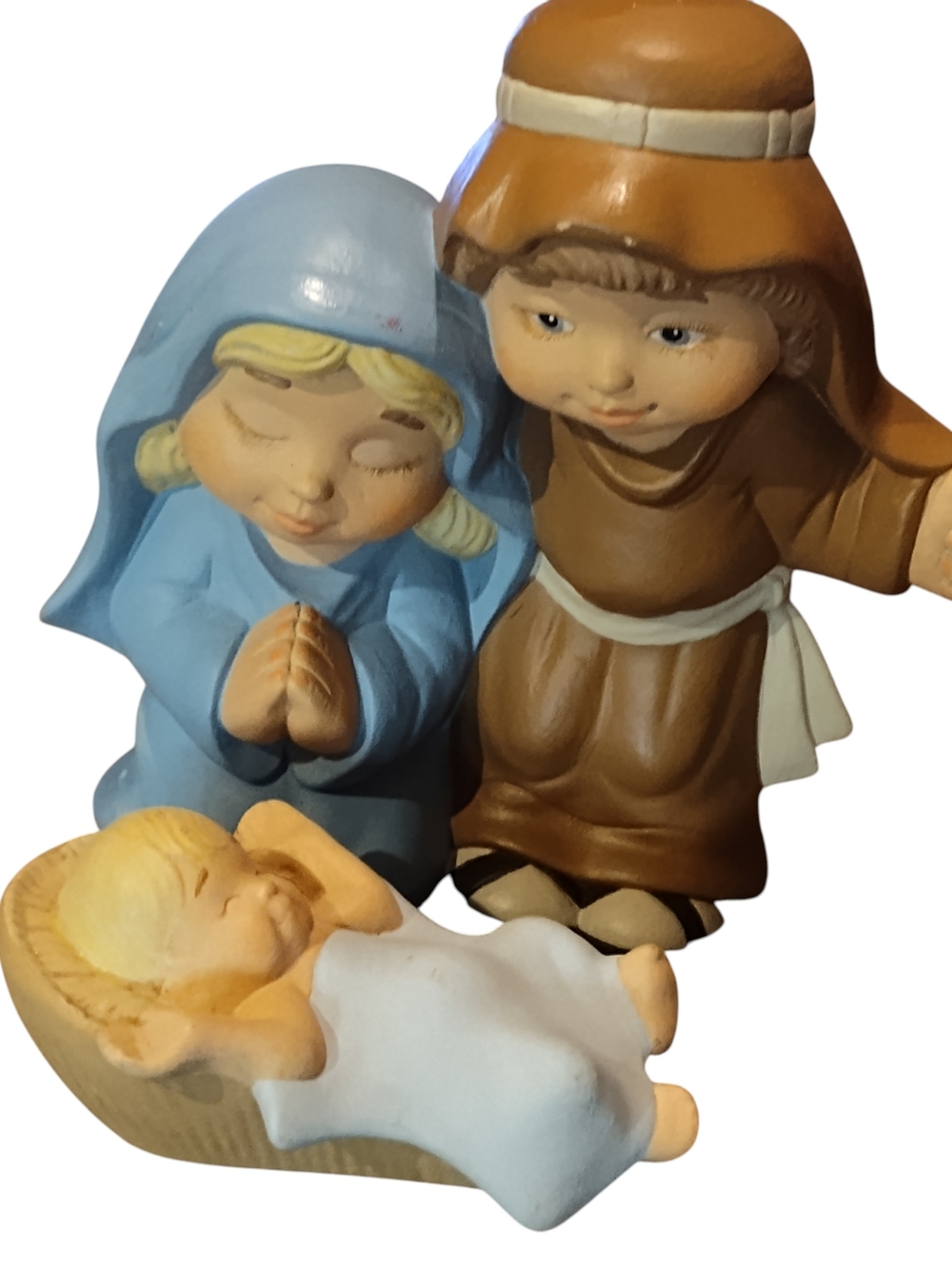 Nativity Figurine Set - Mary, Joseph & Baby Jesus in Blue, Brown, Cream